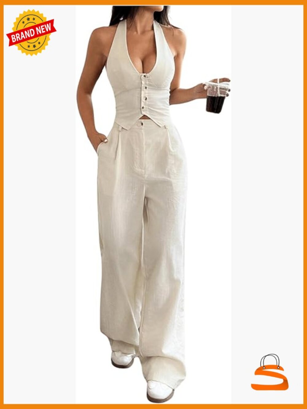 Halter Crop Top and Wide Leg Pant Set - Sleeveless Button Front 2 Piece Outfit